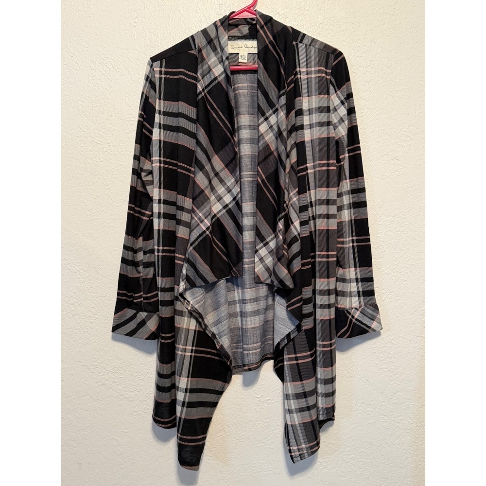 French Laundry Plaid Open Front Waterfall Cardigan Black Pink Grey Large